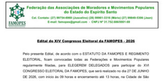 Federação das Associações de Moradores e Movimentos Populares do ES publica edital para eleição